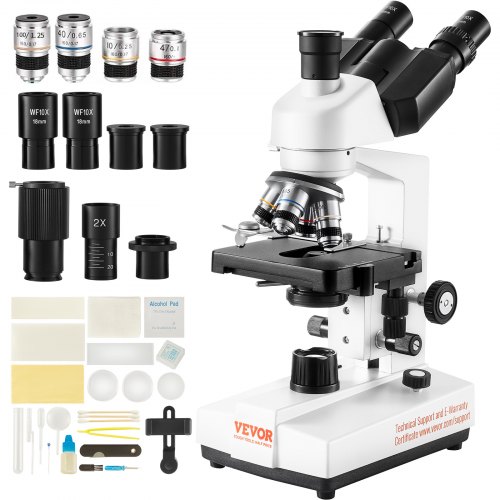 VEVOR Trinokulares Mikroskop 10X, 25X, 2X Hilfslinse Compound Mikroskop, Objektive 4X, 10X, 40X, 100X, Labor Auflicht Mikroskop Vergrößerung 40-5000, 100-240 V Labormikroskop Verbundmikroskop