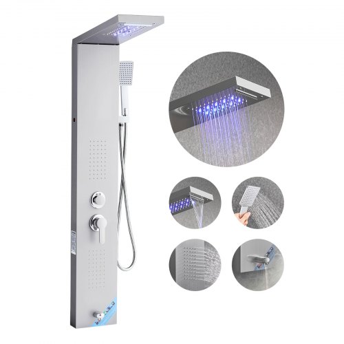VEVOR Duschpaneel-Turmsystem (5 Modi) mit Regenwasserfall-Duschkopf & LED, (1345 mm) Duschsäule aus gebürstetem Edelstahl, Regenmassagesystem zur Wandmontage, mit Handbrause & Wannenauslauf