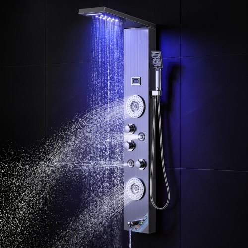 VEVOR Duschpaneelsystem, 6 Duschmodi, LED- und Display-Duschpaneelturm, Regenfall, Wasserfall, 4 Körpermassagedüsen, Wannenauslauf, Handbrause, 150 cm Schlauch, Wandmontiertes Duschset