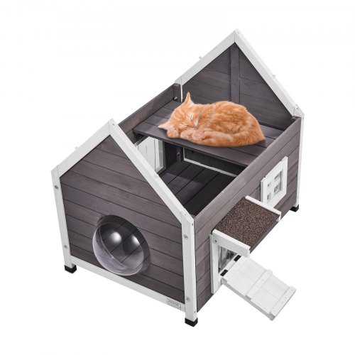 

VEVOR Katzenhaus für draußen, wetterfest, Unterschlupf für Wildkatzen für mehrere Katzen, Katzenhaus aus Holz für draußen mit großer Seitentür, Türklappen aus PVC, offenem Dach und klarem Fenster, 55,9 cm L x 76,2 cm B x 66 cm H