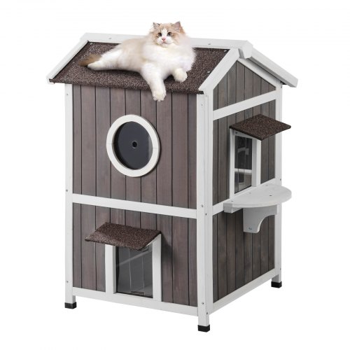 VEVOR Wetterfestes Katzenhaus für draußen, Unterschlupf für Wildkatzen für mehrere Katzen, großes 2-stöckiges Katzenhaus aus Holz für draußen mit Türen, Türklappen aus PVC, einem transparenten Fenster, 58,4 cm L x 66 cm B x 91,4 cm H