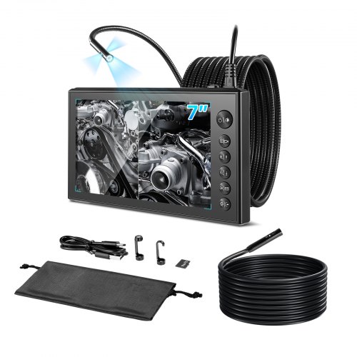 VEVOR Triple Lens Endoskopkamera mit 7 Zoll Bildschirm, 5000mAh Akku Inspektionskamera mit 5m 3m Kabel Splitscreen 8X Zoom 180° Bildrotation IP67 Wasserdicht, Industrie Endoskop mit LED für Auto Rohre