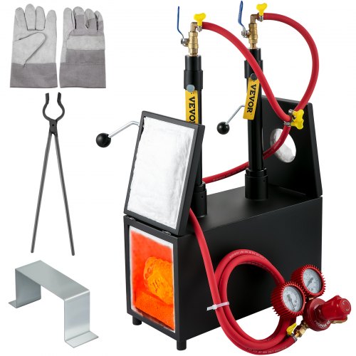 VEVOR Gas schmiedeofen 1350 °C, Brenner Schmiede 10 L, Schmiedeofen Doppelbrenner mit Auskleidungsmaterial Aluminiumsilikatfaser, Metallschmiede Max. Leistung 153,6 kWh / 524.000 BTU, Gasdruckregler