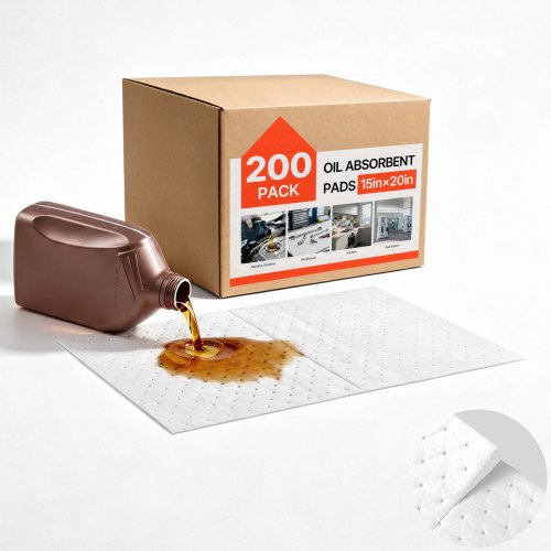VEVOR 200 Stk. Ölsaugtücher 380x510mm Ölbindematten für Industrieöl Weiß, Ölauffangmatten für Lager Werkstatt Garage Fabrik, 3-Lagige Polypropylen-Struktur, Hydrophobe Oberfläche, Saugstark, mit Box