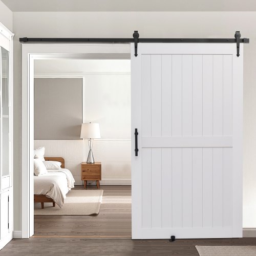 VEVOR Schiebetür im Scheunenstil Schiebetürsystem (1219 x 2134 mm) aus hochfesten MDF-Platten, Scheunentor mit Hardware-Kit & wasserfester PVC-Oberfläche & H-Rahmen für Wohnzimmer Badezimmer Weiß