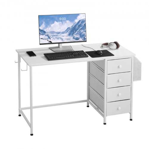 VEVOR Computertisch Bürotisch Schreibtisch (120 x 50 cm Tischplatte), moderner Arbeitstisch mit Stoffschubladen & 99 kg Tragkraft & Aufbewahrungshaken für Homeoffice Arbeitszimmer Wohnzimmer, Weiß