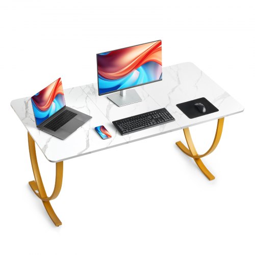 VEVOR Computertisch Bürotisch Schreibtisch (160 x 80 cm Tischplatte), moderner Arbeitstisch mit Metallrahmen & 158 kg Tragkraft für Homeoffice Arbeitszimmer Schlafzimmer Wohnzimmer, Weiß Gold