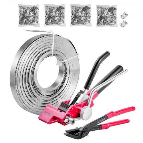 VEVOR 4 tlg Stahlband Umreifungsset, manuelle Umreifungsgerät mit 122 m Metallband, 400 Metallklammern und Schneider, pefekte Werkstattausstattung für industrielle Verpackung, Transport und Lager