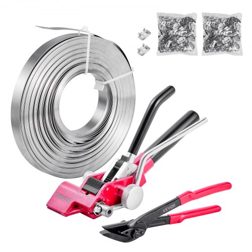 VEVOR 4 tlg Stahlband Umreifungsset, manuelle Umreifungsgerät mit 60 m Metallband, 200 Metallklammern und Schneider, pefekte Werkstattausstattung für industrielle Verpackung, Transport und Lager