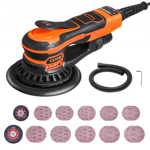 VEVOR Exzenterschleifer 5 und 6 Zoll, bürstenloser 350-W-Exzenterschleifer, 10.000 PRM, 6 variable Geschwindigkeiten, elektrischer Schwingschleifer mit 20 Schleifpapieren, Staubanschluss und Schlauch für das Detailschleifen in der Holzbearbeitung