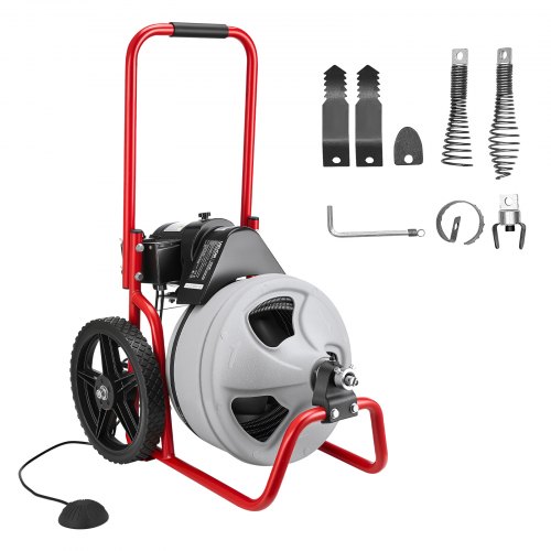 VEVOR Rohrreinigungsmaschine φ9,5 mm x 22 m, Reinigungsspirale mit Manueller Zufuhr, 6 Schneidwerkzeugen & Pneumatischem Fußschalter, Rohrreiniger für Rohrdurchmesser von 50 mm bis 100 mm