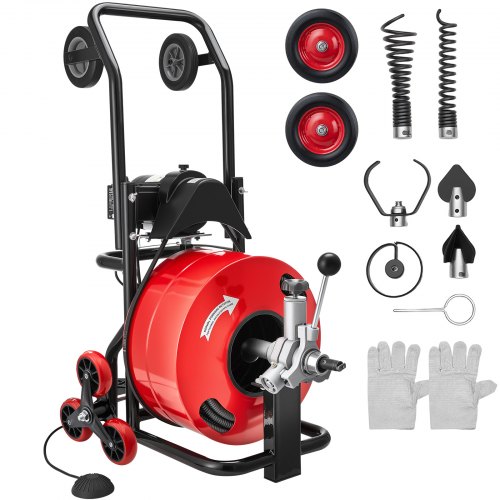 VEVOR Rohrreinigungsmaschine φ19 mm x 30 m, Reinigungsspirale mit Automatischer Zufuhr, Mehrradkombination, 6 Schneidwerkzeugen & Pneumatischem Fußschalter für Rohrdurchmesser von 100 bis 200 mm