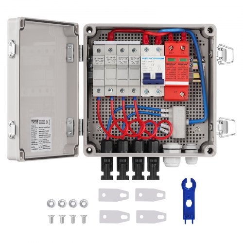 

VEVOR PV-Combiner-Box, 4-String, Solar-Combiner-Box mit 10 A Nennstromsicherung, 63 A Leistungsschalter, Blitzableiter und Solaranschluss, ABS-Kunststoffgehäuse für On-/Off-Grid-Solarpanelsystem, IP65