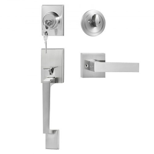 VEVOR Haustürgriff- und Riegel-Set, Quadratisches Griffset aus Satiniertem Nickel mit Hebeltürgriff, Einzylinderiger Eingangstürgriff Türklinke für rechts- und linkshändige Eingangs- und Vordertür