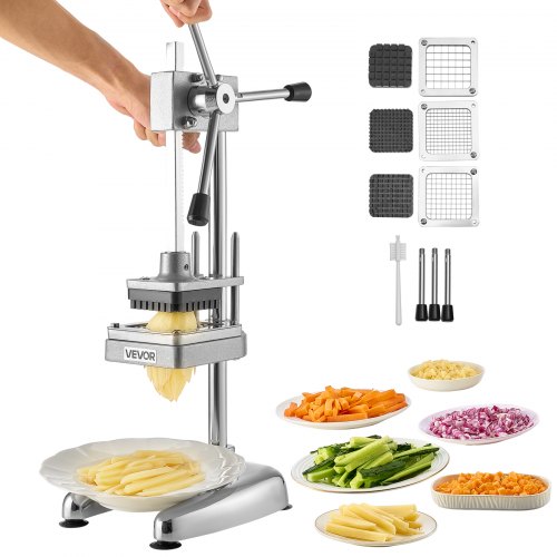 

VEVOR kommerzieller Pommes-Frites-Schneider, Gemüseschneider Obstschneider aus Edelstahl mit 3 Ersatzklingen (12,7/9,525/6,35 mm), manueller Kartoffelschneider für Restaurants Café Bistro