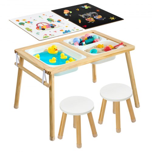 VEVOR Sensorischer Tisch, 7-in-1 Aktivitätstisch mit 2 Hockern, Doppelseitiger Spielfläche, Aufbewahrungsboxen & Rutschfesten Füßen, Spiel-Sand- & Wassertisch, für Kinder im Alter von 3-6 Jahren