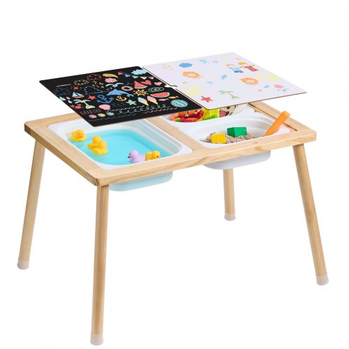 VEVOR Sensoriktisch für Kleinkinder Aktivitätstisch mit 3 faltbaren Aufbewahrungsbehältern & doppelseitiger Tafel, Sand- und Wassertisch Sensoriktisch für Kinder aus Holz zum Zeichnen Lernen Essen