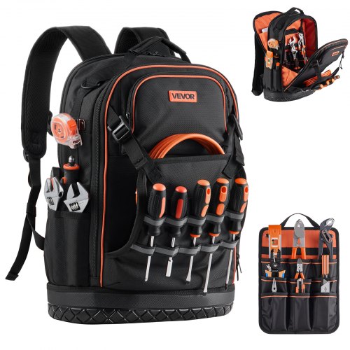 

VEVOR Werkzeugrucksack, 65 Taschen, Werkzeug-Aufbewahrungs-Organizer, Backpack mit Laptopfach & geformtem Boden, Baustellenrucksack für Elektriker, Reparaturarbeiter & Heizungstechniker