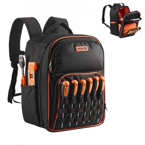 

VEVOR Werkzeugrucksack, 49 Taschen, Werkzeug-Aufbewahrungs-Organizer, Backpack mit Laptopfach und verstärktem Stoffboden, Baustellenrucksack, Werkzeugtasche für Elektriker, Handwerker