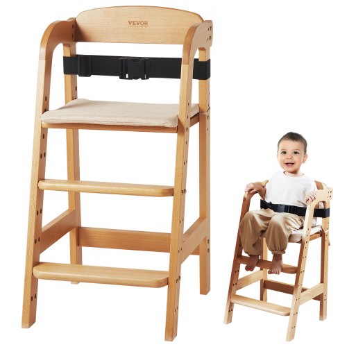 VEVOR Hochstuhl aus Holz für Babys & Kleinkinder, Umwandelbarer, Verstellbarer Hochstuhl, Hochstuhl mit Sitzkissen, Tragbare Baby-Esssitzerhöhung, Kleinkinderstuhl aus Buchenholz, Natur