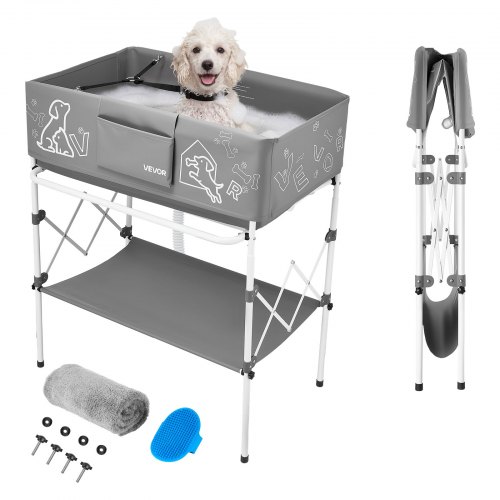 VEVOR 100L Hundebadwanne, Erhöhte Haustierbadwanne mit Metallgestell, Haustierwanne mit Abfluss Lagerregal Seitentasche, Faltbare Wäschewanne zum Pflegen & Baden für Kleine Mittelgroße Haustier, Grau