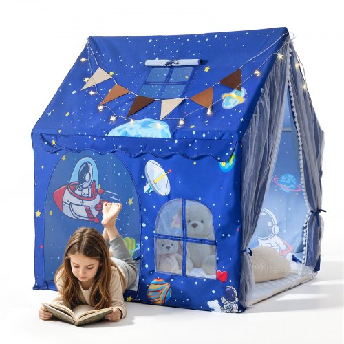 VEVOR Spielhaus Spielzelt Kinderzelt Kinderspielhaus 1200x1050x1270 mm Blau, Bettzelt für Kleinkinder, mit PVC-Rahmen, Gepolsterter Matte Sternenlichtern, Tragetasche, Flagge & Atmungsaktivem Fenster