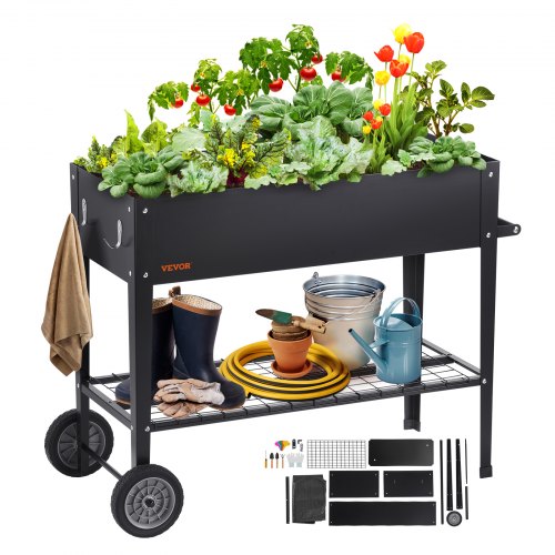 VEVOR Hochbeet mit Rädern Pflanzkübel Blumenkasten Garten Pflanzkasten Terrassen Gemüsebeet Gartenbeet Pflanzbeet Schwarz 110x49,5x80cm verzinktem Stahl ideal für den Anbau von Gemüse Obst Kräutern