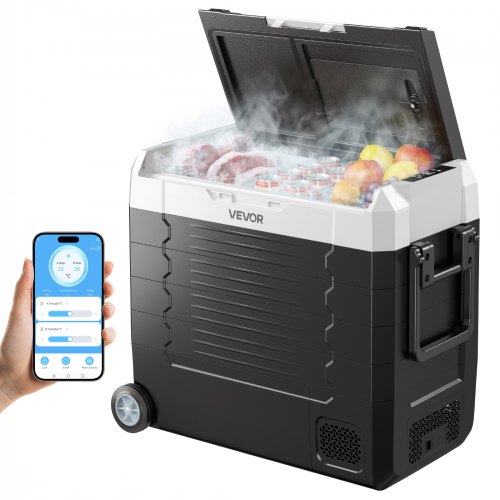 VEVOR Kompressor Kühlbox 12/24 V DC 100-240 V AC, Autokühlschrank 55 L mit App-Steuerung & Rädern & 2 Temperaturzonen (-20 °C bis 20 °C), Tragbarer Kühlschrank für Wohnmobile Boote Camping Angeln
