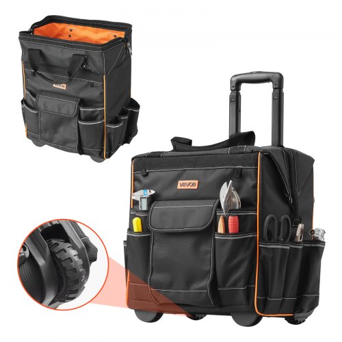 VEVOR Werkzeugtasche mit Rollen, 50 kg Tragkraft, 25 Taschen, Arbeitsrucksack, verstellbarer Teleskopgriff & stabiler Standfuß, Werkzeugtaschen-Organizer für Bau, Mechanik, 390x290x420 mm