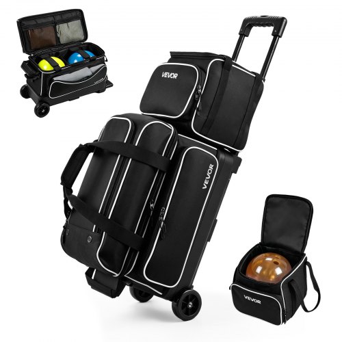 VEVOR 1 Bowlingtasche mit Rollen + 1 Bowlingtasche (Mini) für 2+1 Kugeln 600D Oxford Weiß Schwarz, für Schuhe bis US-Größe 16 und Zubehör, mit Teleskopgriff (bis zu 1016 mm) und Doppellagigen Ablagen