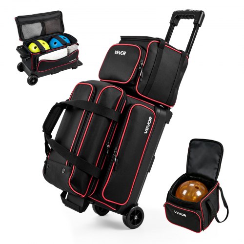VEVOR 1 Bowlingtasche mit Rollen + 1 Bowlingtasche (Mini) für 2+1 Kugeln 600D Oxford Rot Schwarz, für Schuhe bis US-Größe 16 und Zubehör, mit Teleskopgriff (bis zu 1016 mm) und Doppellagigen Ablagen
