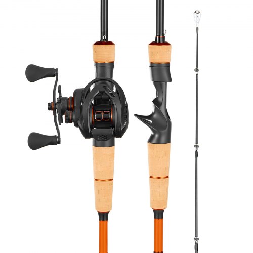 VEVOR Angelrute und Angelrolle (Baitcasting) im Set, 2 m Rute aus Kohlefaser (IM7), Bassangelruten-Set mit 6+1 Kugellagern & Übersetzung 7,0:1 & Korkgriff, linkshändiges Angelset