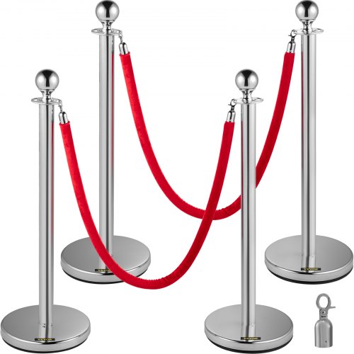 

VEVOR Edelstahl Absperrpfosten Seil Abgrenzungsständer Kugelkopf 2 Rote Samtseile Silberne Säule 4 Packung Crowd Control Barriers