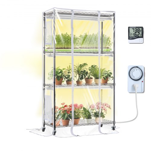 

VEVOR Pflanzenständer mit Wachstumslicht, 4 Ebenen, 180 W LED-Wachstumslichtregal mit Abdeckung & Timer, 3-Spektrum-Licht, tragbarer Gewächshausschrank, Pflanzenregal für die Samenkeimung, 90x35x150cm