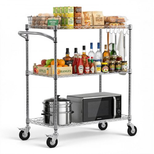 VEVOR Küchenwagen mit 3 Ebenen, Schwerlast-Servierwagen bis 300 kg, Rollwagen mit Höhenverstellbaren Drahtablagen und Griff, Metallregal auf Rollen für Küche, Garage & Waschküche, 890 x 453 x 1040 mm