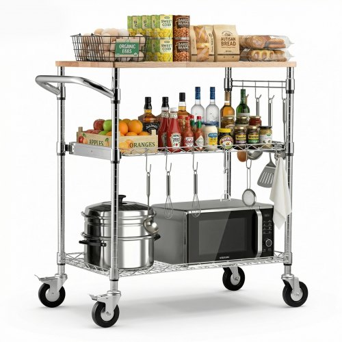 VEVOR Küchenwagen mit 3 Ebenen, Schwerlast-Servierwagen bis 300 kg, Rollwagen mit Höhenverstellbaren Drahtablagen, Griff & Arbeitsplatte, Metallregal auf Rollen für Küche, Garage, 762 x 457 x 914 mm