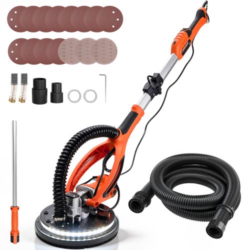

VEVOR Trockenbauschleifer 850 W, Deckenschleifer mit 255 mm Schleifteller, Langhalsschleifer mit 800–1700 U/min Drehzahl, Doppelwandiger LED, Ausziehbarem Griff, 15 Schleifscheiben, Staubschlauch