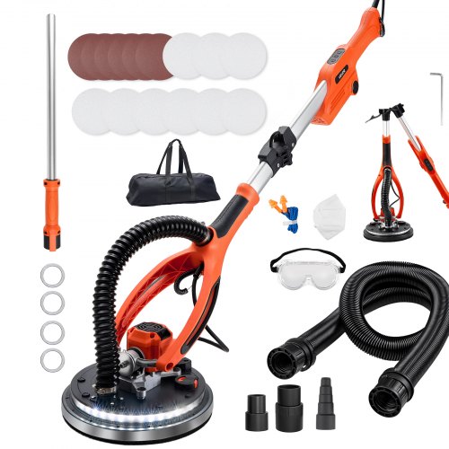

VEVOR Trockenbauschleifer 950 W, Deckenschleifer mit 255 mm Schleifteller, Langhalsschleifer mit 1000–2300 U/min Drehzahl, Doppelwandiger LED, Ausziehbarem Griff, 15 Schleifscheiben, Staubschlauch