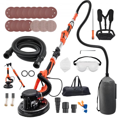 VEVOR Trockenbauschleifer 1150 W, Deckenschleifer mit 255 mm Schleifteller, Langhalsschleifer mit Staubabsaugung, 800-1700 U/min Drehzahl, LED-Licht, Ausziehbarer Griff, 15 Schleifscheiben