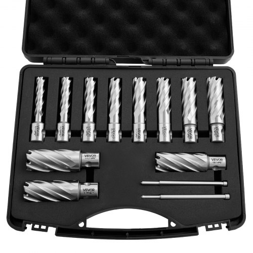 

VEVOR HSS-Kernbohrer Weldon-Schaft 13-tlg. Magnetbohrer 11,11–26,98 mm Schnittdurchmesser, 11 Bohrer mit 2 Zentrierstiften, 50,8 mm Schnitttiefe, Kunststoffkoffer, für Magnetbohrmaschinen, Stahl
