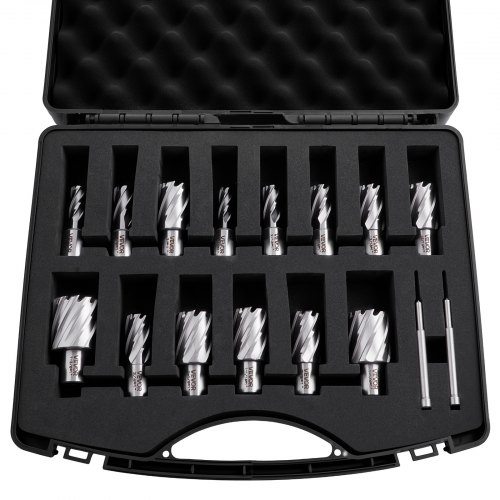 VEVOR HSS-Kernbohrer Weldon-Schaft 16-tlg. Magnetbohrer 11,11–34,92 mm Schnittdurchmesser, 14 Bohrer mit 2 Zentrierstiften, 25,4 mm Schnitttiefe, Kunststoffkoffer, für Magnetbohrmaschinen Aluminium