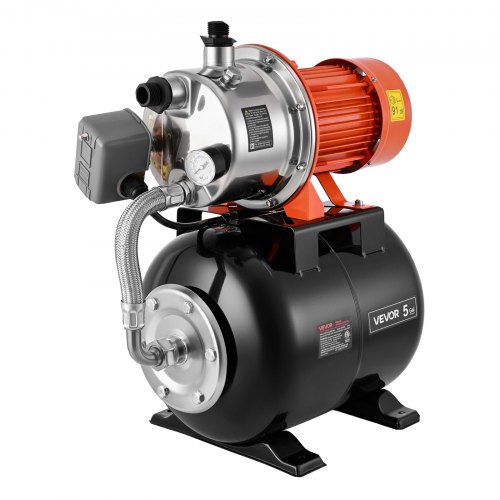 VEVOR Hauswasserwerk 1,6 PS 5000 L/h Flachbrunnenpumpe mit Druckbehälter, für Garten Rasen und Hauswasserversorgung, 49 m Förderhöhe, 8 m Saughöhe, IPX4-Wasserschutz und Manometer zur Druckkontrolle