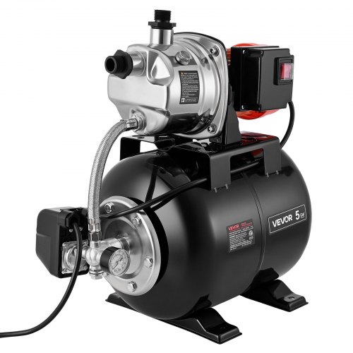 VEVOR Hauswasserwerk 1 PS 3750 L/h Flachbrunnenpumpe mit 1,4-2,8 bar Druckbehälter, für Garten Rasen und Hauswasserversorgung, 39 m Förderhöhe, 8 m Saughöhe, IPX4-Wasserschutz und Manometer