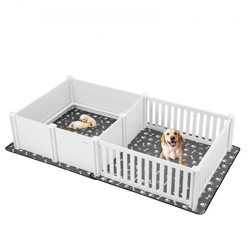 

VEVOR Wurfkiste für Hunde, 237x123x46 cm, Welpenlaufstall aus Kunststoff-PVC mit höhenverstellbarer Tür & waschbarer Pipi-Unterlage, 2-Raum-Layout, Welpenkiste für extra große Hunde, Milchweiß