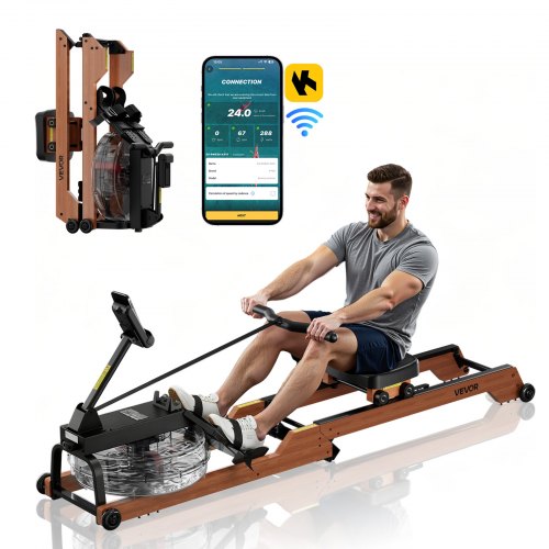 VEVOR Rudergerät 6-stufiger leiser Widerstand, faltbares Wasserrudergerät aus Holz mit 14 L Wassertank & LCD-Monitor, Bluetooth-App-kompatibel, 158 kg Gewichtskapazität, immersives Rudergerät