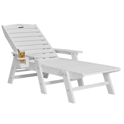 

VEVOR Sonnenliege, 181kg Tragkraft, HDPE Gartenliege, Strandliege mit 6-fach verstellbarer Rückenlehne, Armlehne, Getränkehalter, Balkonliege, Terrassenliege für Pool, Terrasse, Patio, Rasen, Weiß