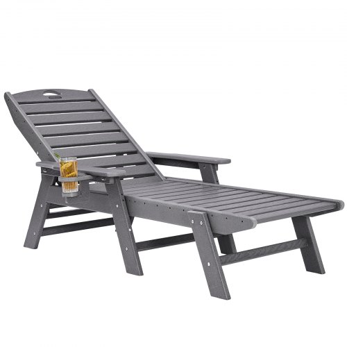 

VEVOR Sonnenliege, 181 kg Tragkraft, HDPE Gartenliege, Strandliege mit 6-fach verstellbarer Rückenlehne, Armlehne, Getränkehalter, Balkonliege, Terrassenliege für Pool, Terrasse, Patio, Rasen, Grau