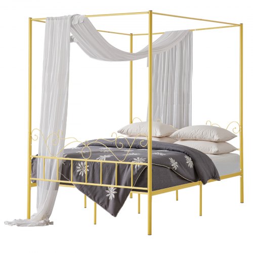 VEVOR Himmelbettrahmen Queen Size mit Kopfteil Gold Rundes Metallrohr Himmelbett
