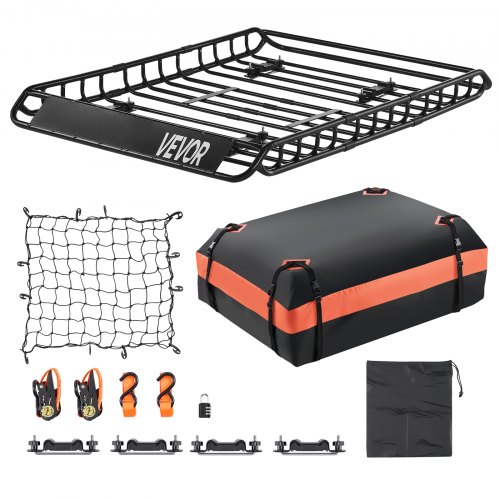 

VEVOR Dachgepäckträgerkorb Autodachkorb (1300 x 910 x 105 mm) universeller Dachgepäckträger mit Gepäcktasche & Netz & Ratschengurten (90,7 kg Max Tragkraft), Autodach-Gepäckträger für SUV Lkw