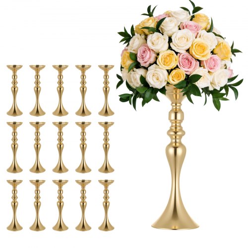 VEVOR 16 Stk. Hochzeitsvasen Tafelaufsatz Blumenvasen für Hochzeit 38 cm Hoch, Metall Tafelaufsatz Vasen mit Blumenständern, Mittelstück Tischvase für Hochzeiten Party Jubiläumsfeier Zeremonie, Gold